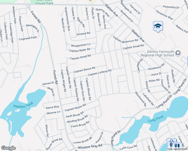 map of restaurants, bars, coffee shops, grocery stores, and more near 9 Captain Percival Road in Yarmouth