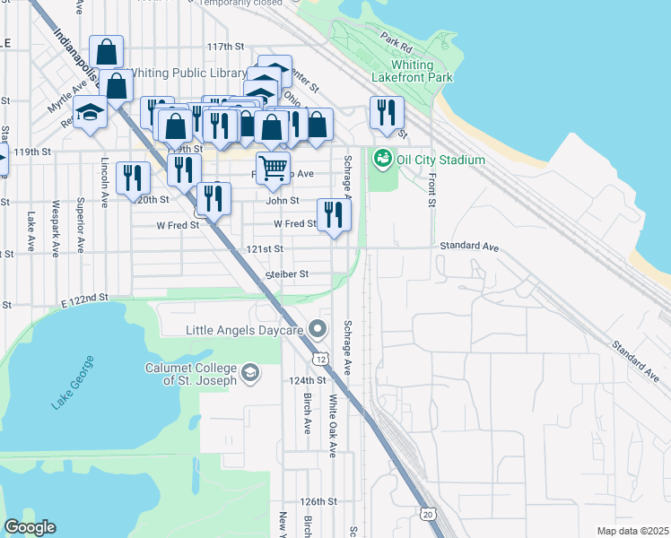 map of restaurants, bars, coffee shops, grocery stores, and more near 2201 White Oak Avenue in Whiting