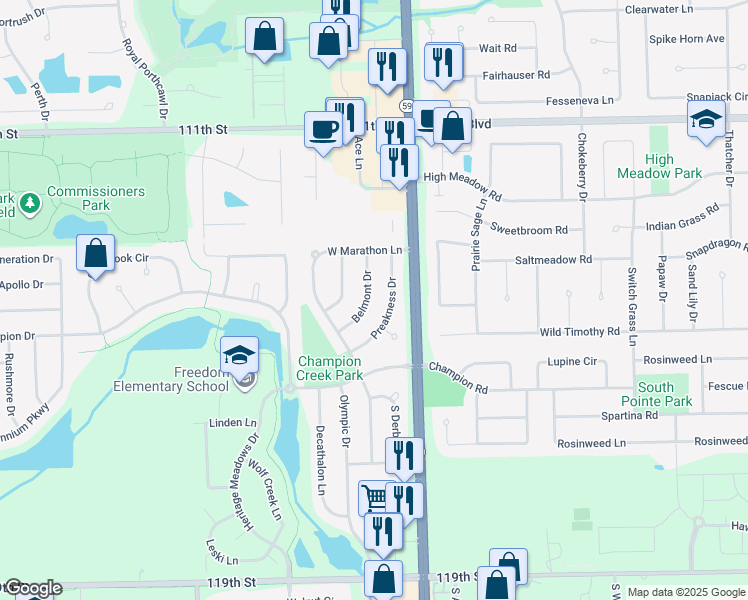 map of restaurants, bars, coffee shops, grocery stores, and more near 11405 Belmont Drive in Plainfield