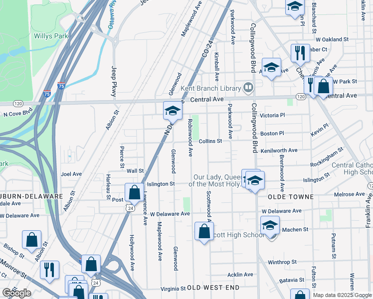 map of restaurants, bars, coffee shops, grocery stores, and more near 2708 Glenwood in Toledo