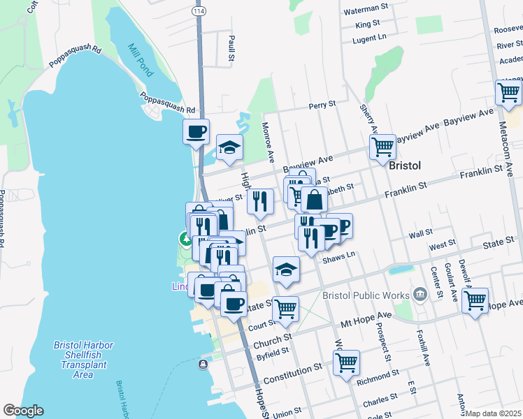 map of restaurants, bars, coffee shops, grocery stores, and more near 363 High Street in Bristol