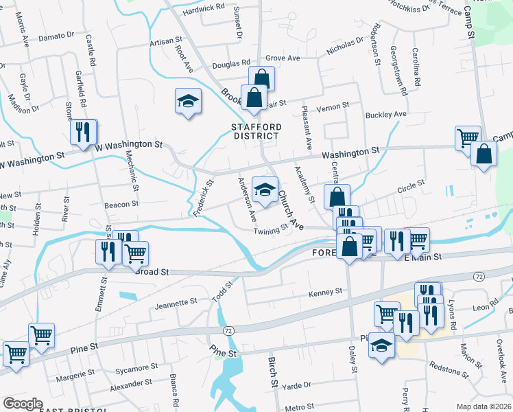 map of restaurants, bars, coffee shops, grocery stores, and more near 33 Welch Drive in Bristol