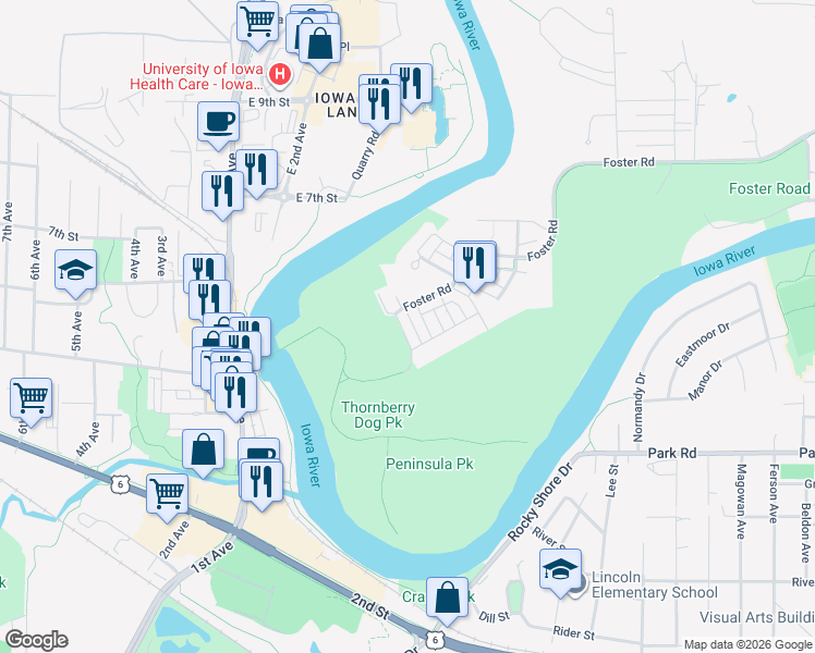 map of restaurants, bars, coffee shops, grocery stores, and more near 1795 Foster Road in Iowa City
