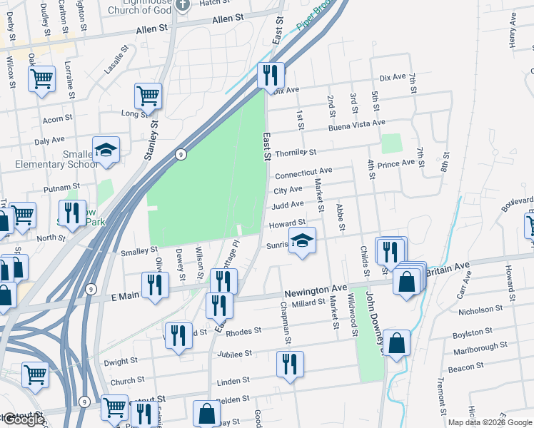 map of restaurants, bars, coffee shops, grocery stores, and more near 821 East Street in New Britain