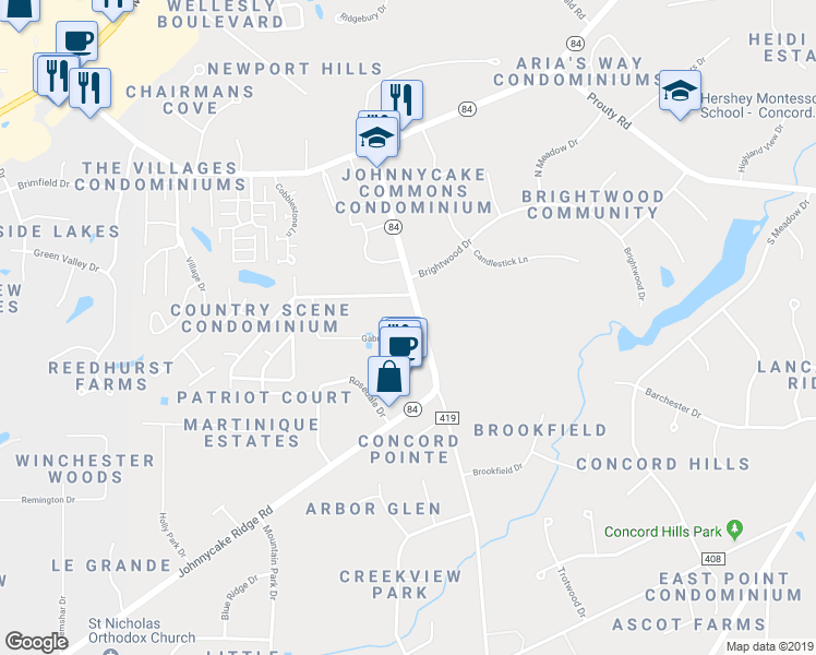 map of restaurants, bars, coffee shops, grocery stores, and more near 9881 Johnnycake Ridge Road in Mentor