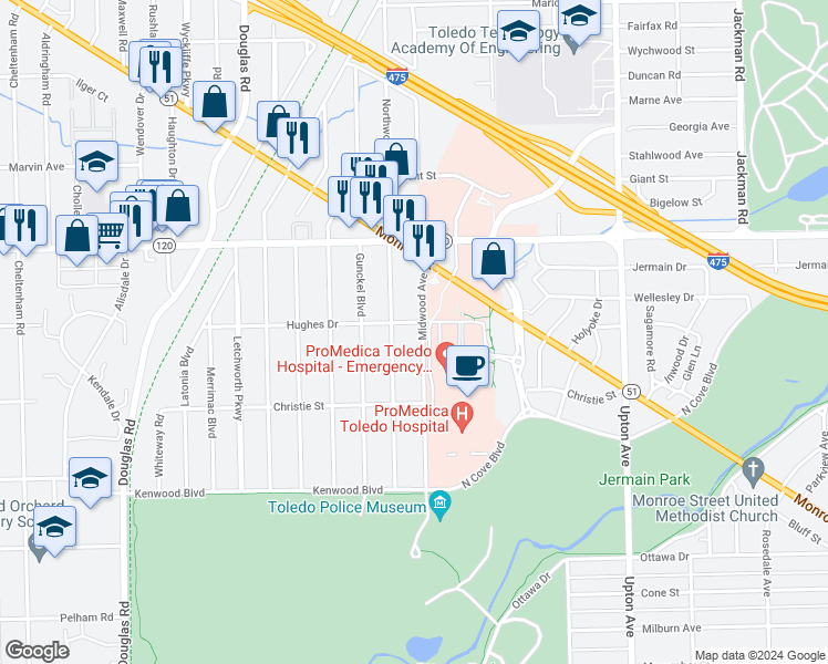 map of restaurants, bars, coffee shops, grocery stores, and more near 2810 Midwood Avenue in Toledo