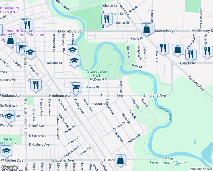 map of restaurants, bars, coffee shops, grocery stores, and more near 1010 East Indiana Avenue in Elkhart