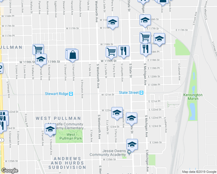 map of restaurants, bars, coffee shops, grocery stores, and more near 12056 South Perry Avenue in Chicago