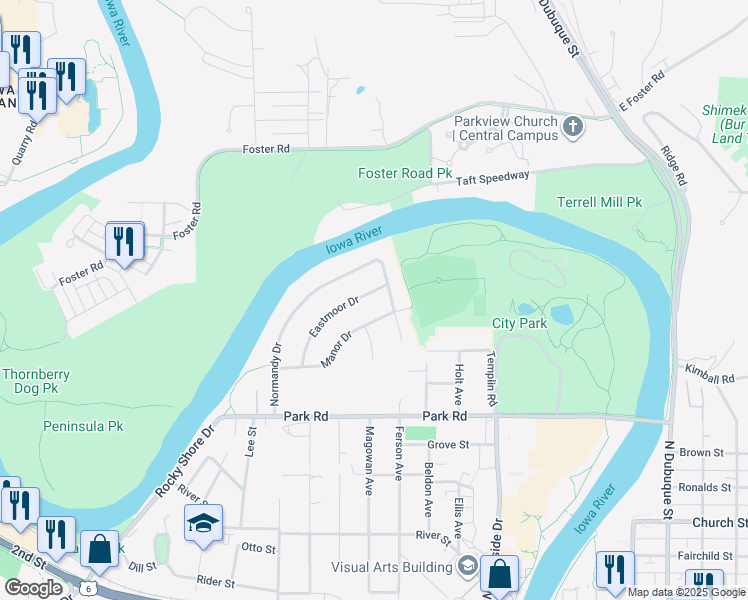 map of restaurants, bars, coffee shops, grocery stores, and more near 732 Manor Dr in Iowa City