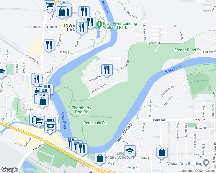 map of restaurants, bars, coffee shops, grocery stores, and more near 2175 Willenbrock Circle in Iowa City
