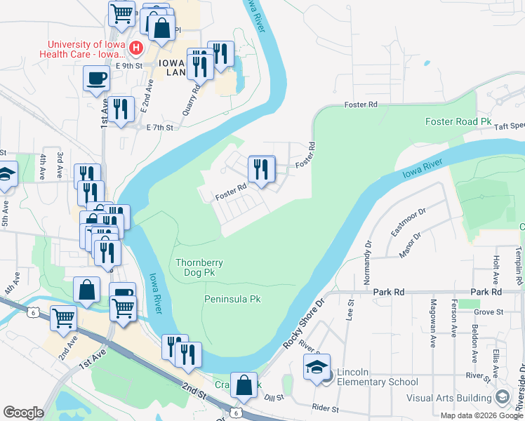 map of restaurants, bars, coffee shops, grocery stores, and more near 1513 McCleary Lane in Iowa City
