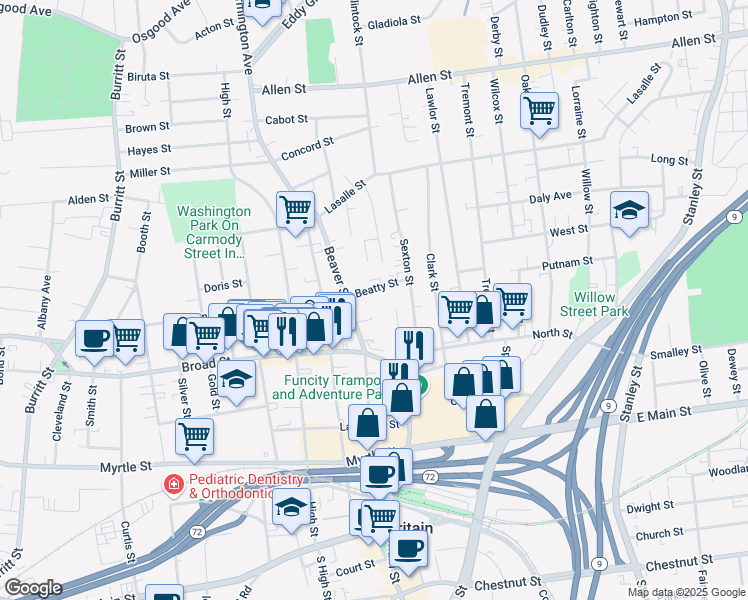 map of restaurants, bars, coffee shops, grocery stores, and more near 27 Beatty Street in New Britain
