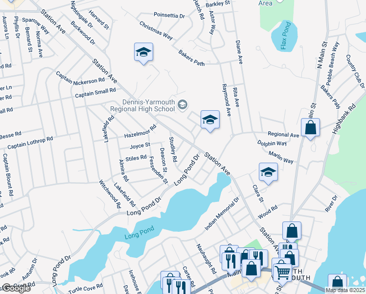 map of restaurants, bars, coffee shops, grocery stores, and more near 16 Oliver Street in Yarmouth