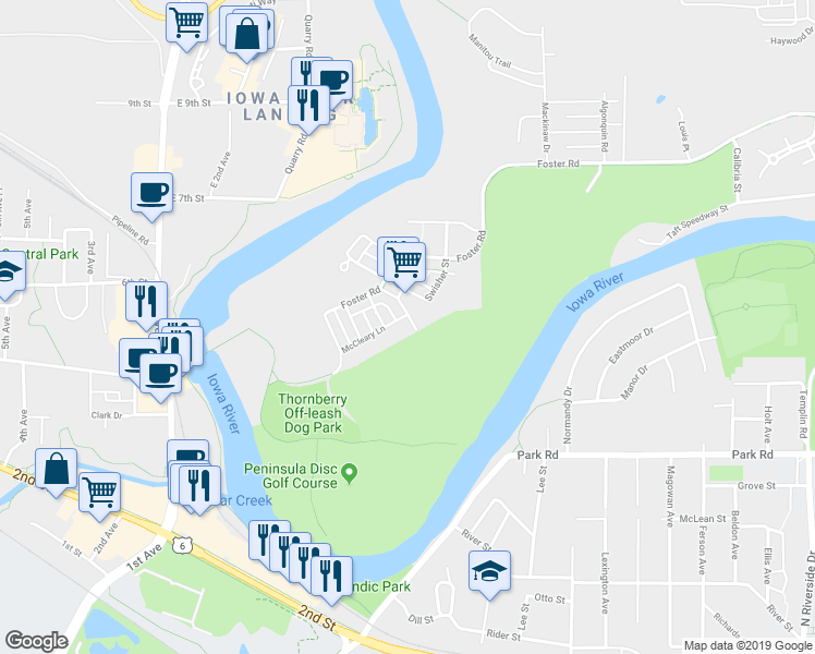 map of restaurants, bars, coffee shops, grocery stores, and more near 2175 Willenbrock Circle in Iowa City