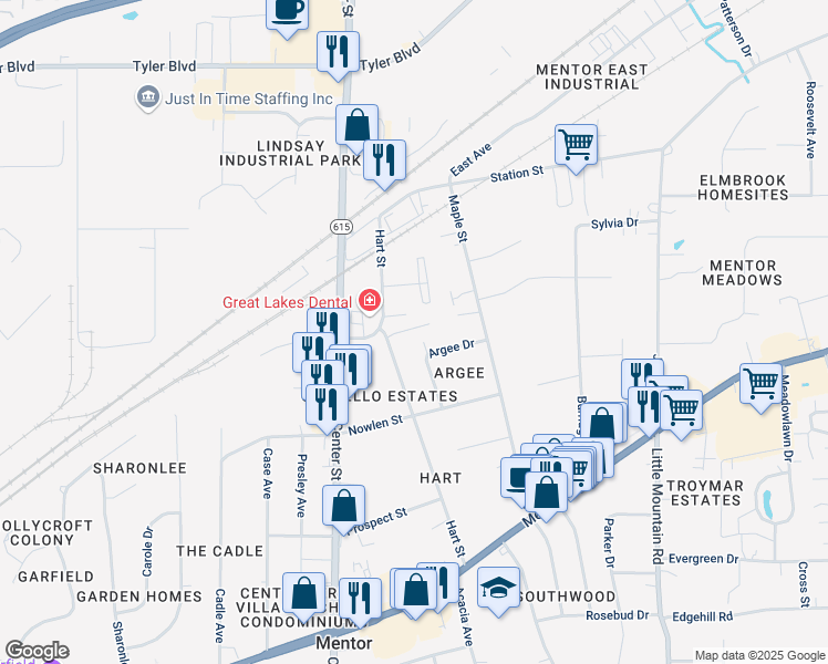 map of restaurants, bars, coffee shops, grocery stores, and more near 7218 Hart Street in Mentor