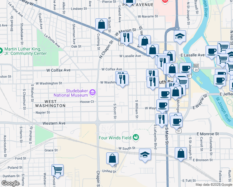 map of restaurants, bars, coffee shops, grocery stores, and more near 128 South Scott Street in South Bend