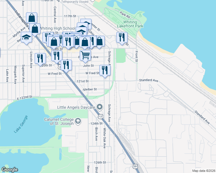 map of restaurants, bars, coffee shops, grocery stores, and more near 2114 Schrage Avenue in Whiting
