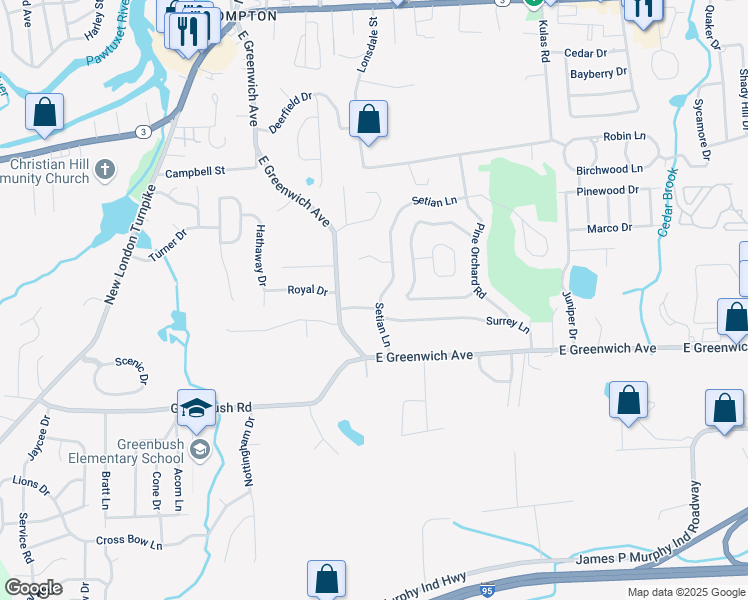map of restaurants, bars, coffee shops, grocery stores, and more near 15 Flanders Drive in West Warwick
