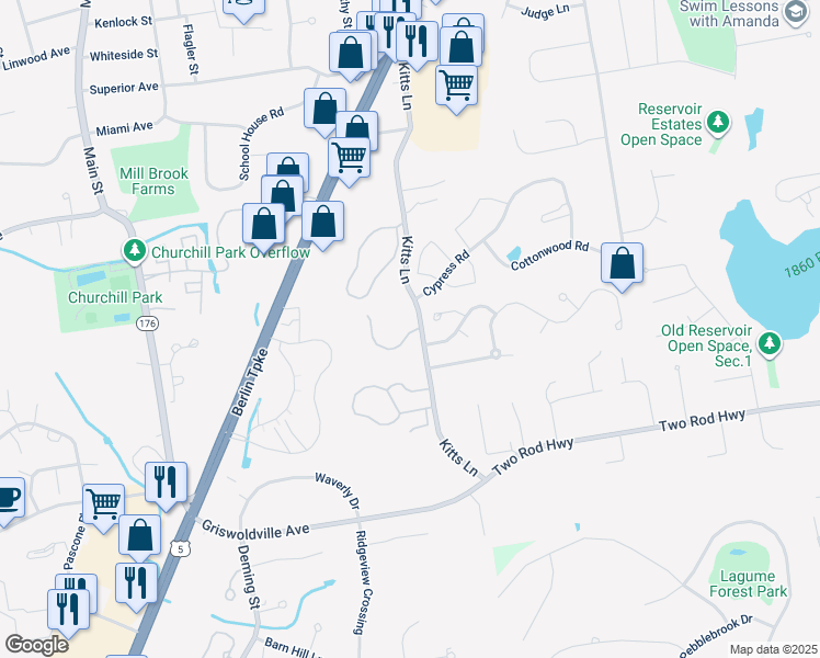 map of restaurants, bars, coffee shops, grocery stores, and more near 31 Woodsedge Drive in Newington