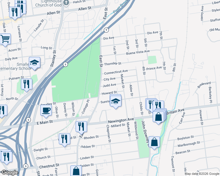 map of restaurants, bars, coffee shops, grocery stores, and more near 49 Howard Street in New Britain