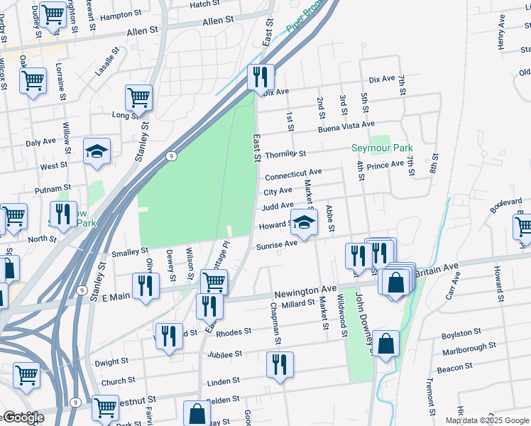 map of restaurants, bars, coffee shops, grocery stores, and more near 799 East Street in New Britain