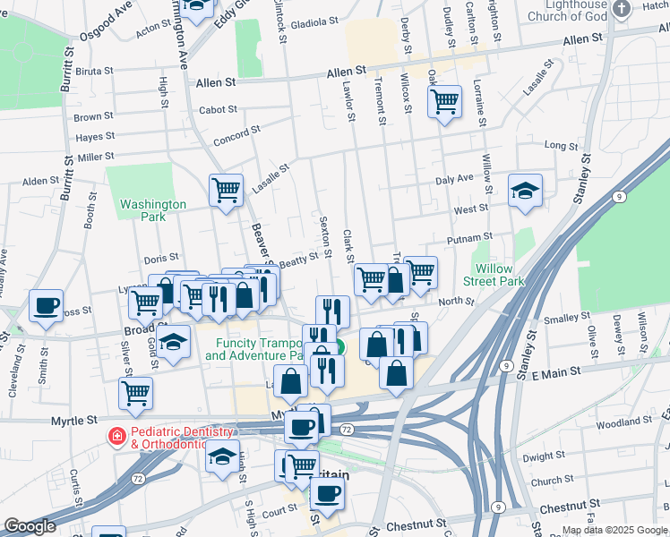 map of restaurants, bars, coffee shops, grocery stores, and more near 25 Gilbert Street in New Britain
