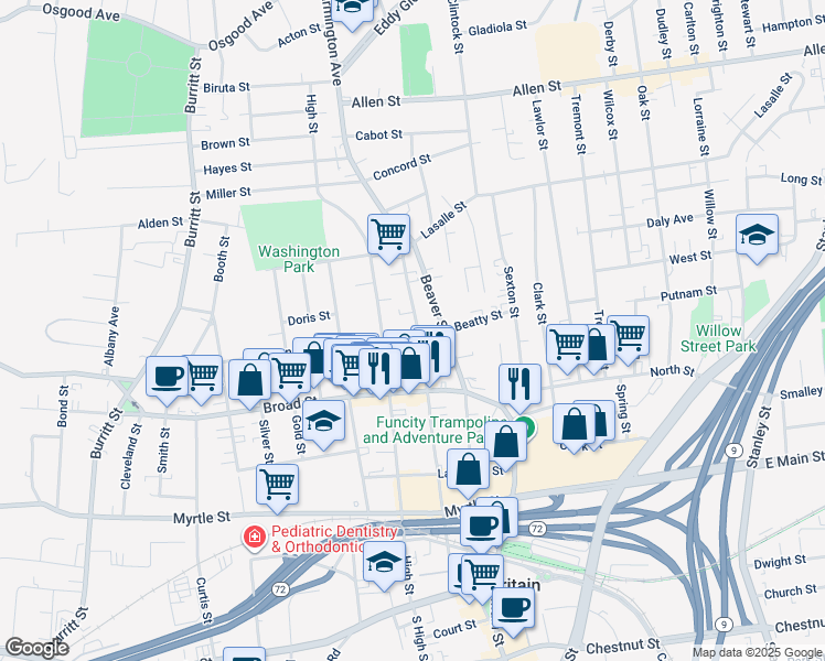map of restaurants, bars, coffee shops, grocery stores, and more near 237 Washington Street in New Britain
