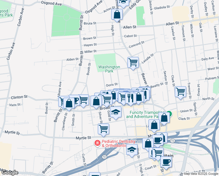 map of restaurants, bars, coffee shops, grocery stores, and more near 48 Horace Street in New Britain