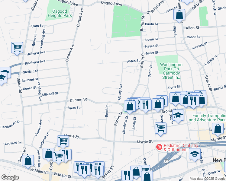 map of restaurants, bars, coffee shops, grocery stores, and more near 30 Nash Street in New Britain