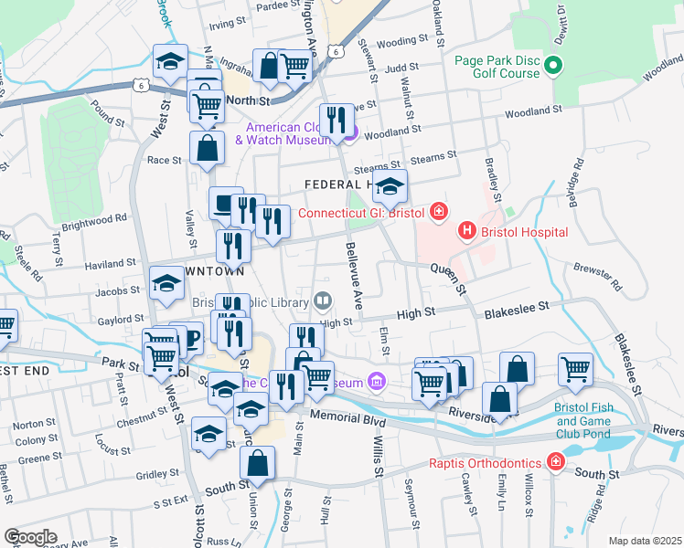 map of restaurants, bars, coffee shops, grocery stores, and more near 35 Bellevue Avenue in Bristol