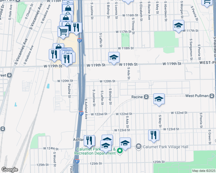 map of restaurants, bars, coffee shops, grocery stores, and more near 12043 South Laflin Street in Chicago