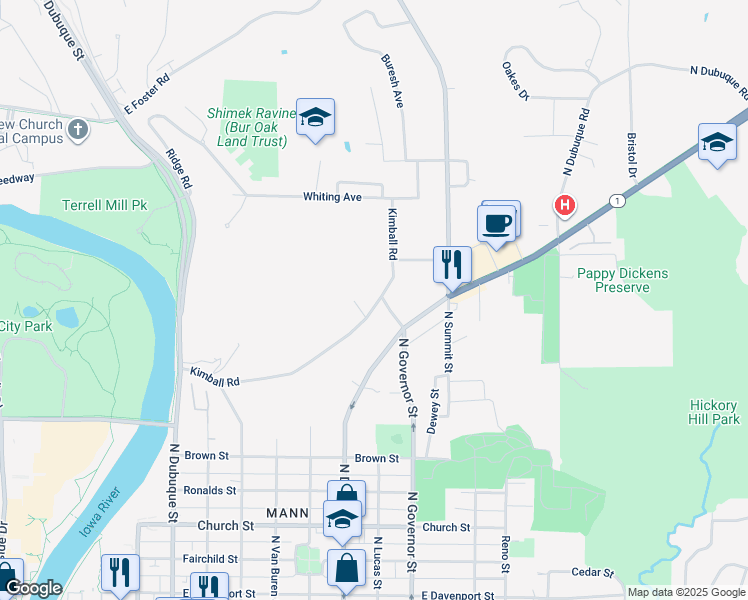 map of restaurants, bars, coffee shops, grocery stores, and more near 500 Kimball Road in Iowa City