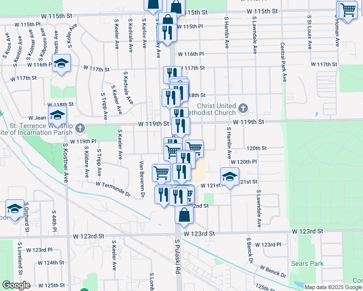 map of restaurants, bars, coffee shops, grocery stores, and more near in Alsip