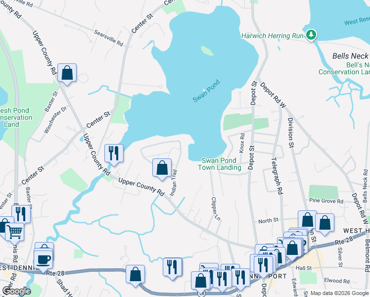 map of restaurants, bars, coffee shops, grocery stores, and more near 111 Indian Trail in Dennis