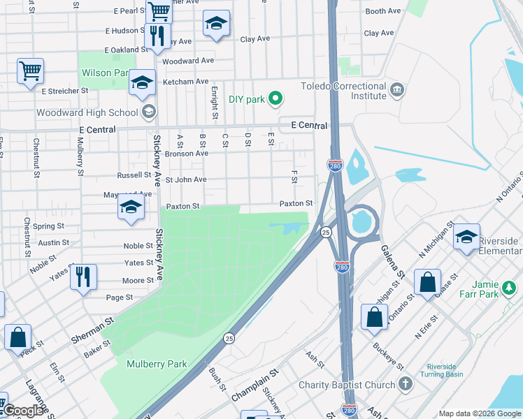 map of restaurants, bars, coffee shops, grocery stores, and more near 1220 Buckeye Street in Toledo