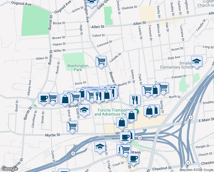 map of restaurants, bars, coffee shops, grocery stores, and more near 237 Washington Street in New Britain