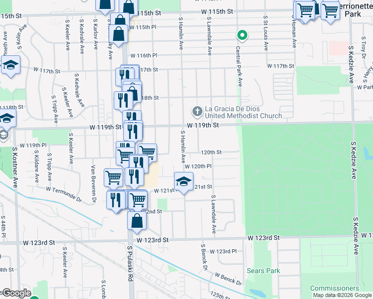 map of restaurants, bars, coffee shops, grocery stores, and more near 3760 West 120th Street in Alsip