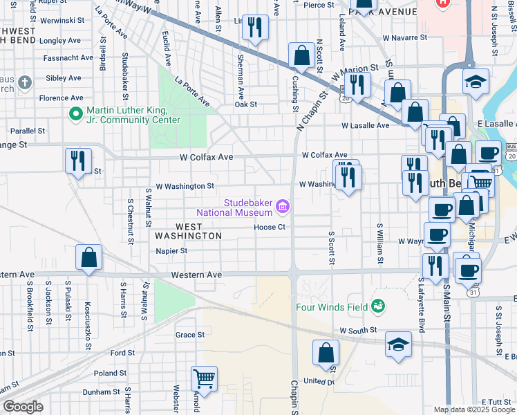 map of restaurants, bars, coffee shops, grocery stores, and more near 128 Laurel Street in South Bend