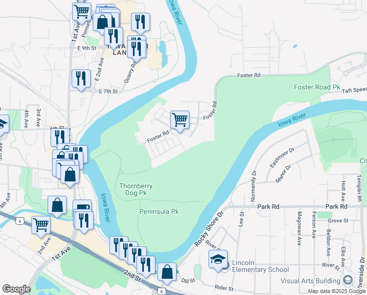 map of restaurants, bars, coffee shops, grocery stores, and more near 2175 Willenbrock Circle in Iowa City