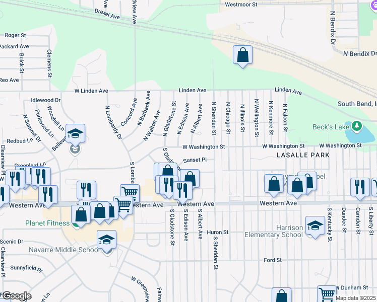 map of restaurants, bars, coffee shops, grocery stores, and more near 113 North Albert Avenue in South Bend