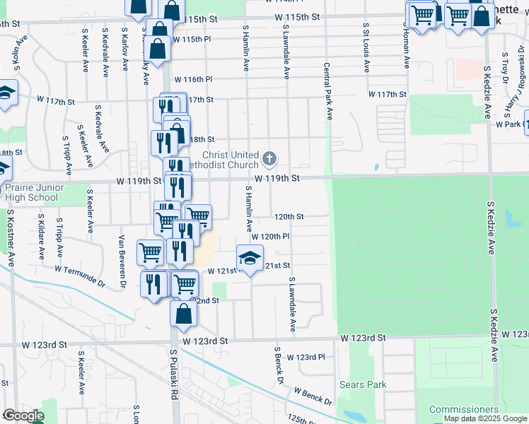 map of restaurants, bars, coffee shops, grocery stores, and more near 3754 West 120th Street in Alsip