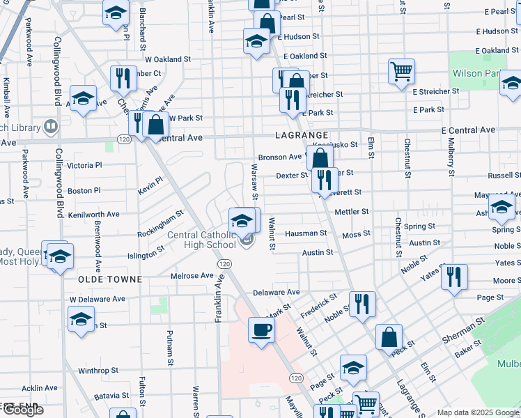 map of restaurants, bars, coffee shops, grocery stores, and more near 119 Everett Street in Toledo