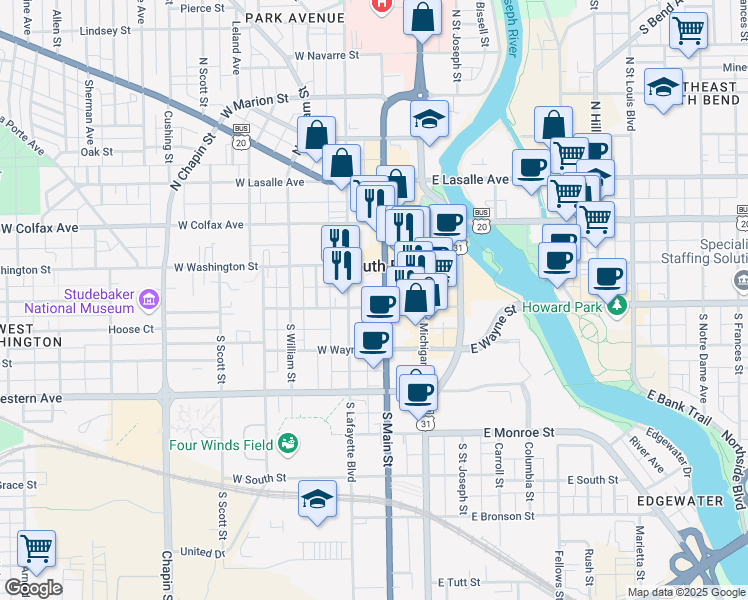 map of restaurants, bars, coffee shops, grocery stores, and more near 112 South Lafayette Boulevard in South Bend