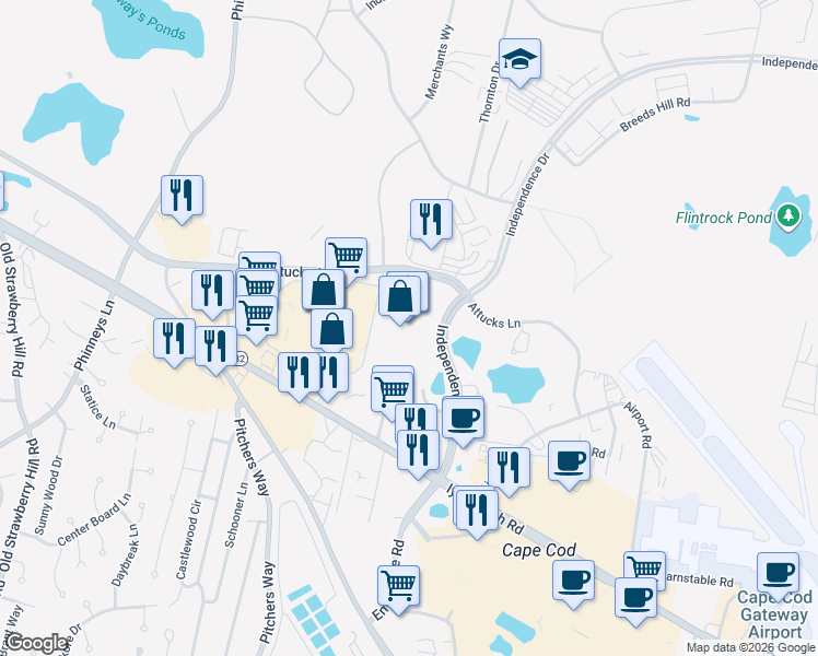 map of restaurants, bars, coffee shops, grocery stores, and more near 65 Independence Drive in Barnstable