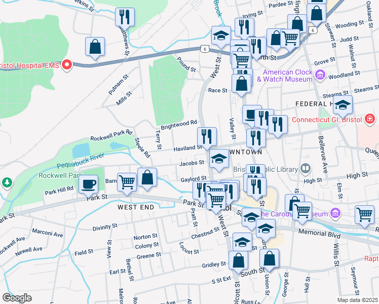 map of restaurants, bars, coffee shops, grocery stores, and more near 54 Haviland Street in Bristol