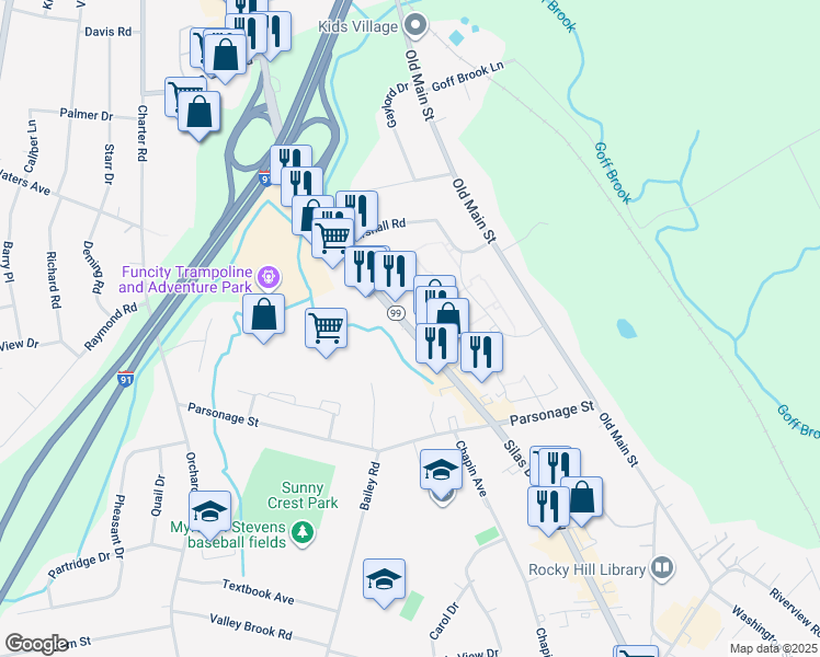 map of restaurants, bars, coffee shops, grocery stores, and more near 1899 Silas Deane Highway in Rocky Hill