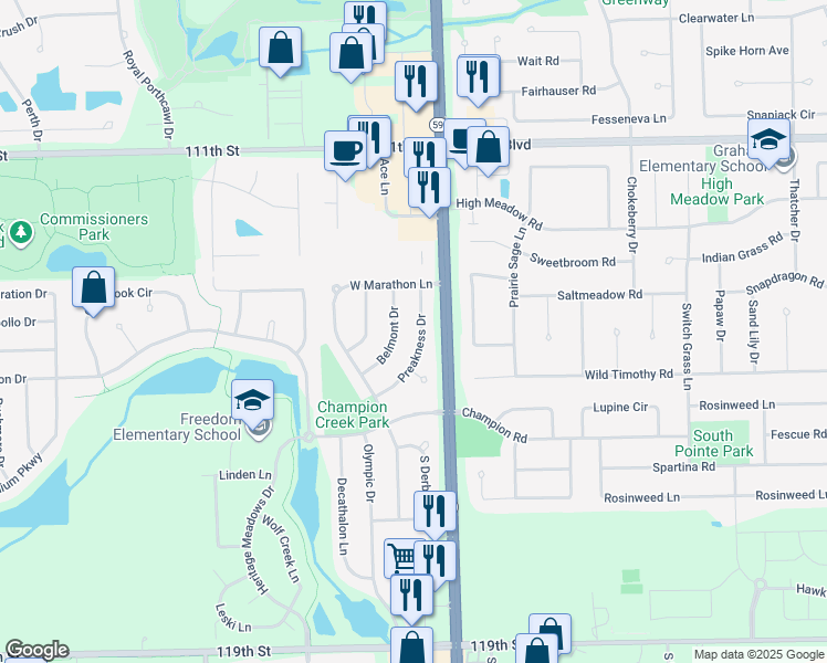 map of restaurants, bars, coffee shops, grocery stores, and more near 11364 Preakness Drive in Plainfield