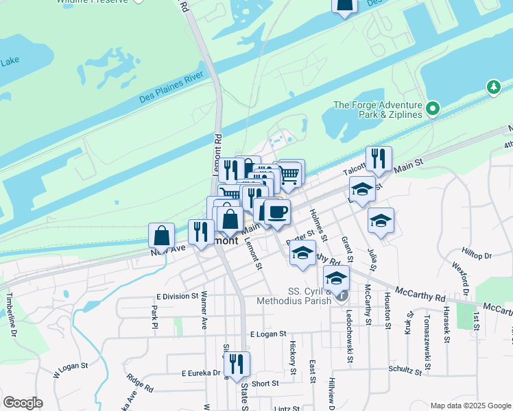 map of restaurants, bars, coffee shops, grocery stores, and more near 47 Stephen Street in Lemont