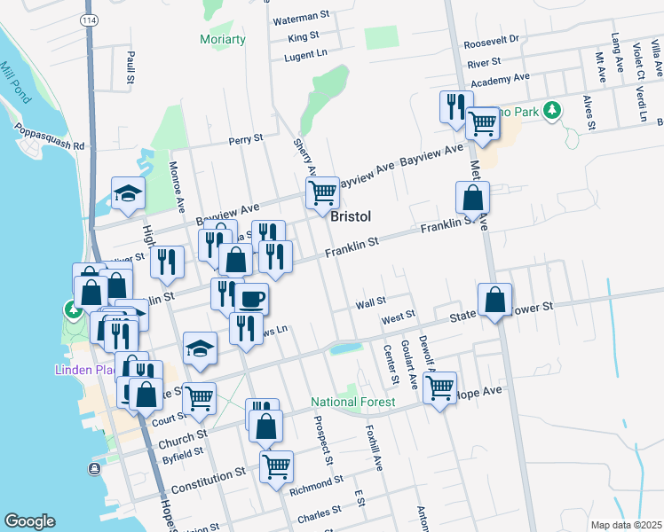 map of restaurants, bars, coffee shops, grocery stores, and more near 253 Franklin Street in Bristol