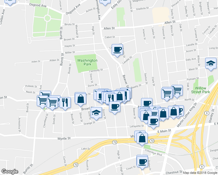 map of restaurants, bars, coffee shops, grocery stores, and more near 295 High Street in New Britain
